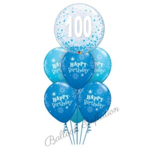 100th Birthday Blue Confetti Bubble Balloon Bouquet
