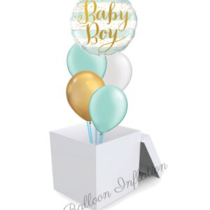 Baby Boy Mint and Gold Balloon Bouquet in A Box